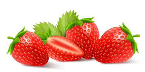 Fresh juicy strawberries. Sweet berries. 3d vector icons set. Realistic illustration, isolated on white background.