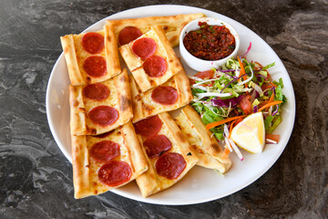 Kiymali pide. Turkish pide with minced meat. Turkish pizza mince pita Pide on white background. Etli ekmek. Kusbasi kasarli pide.