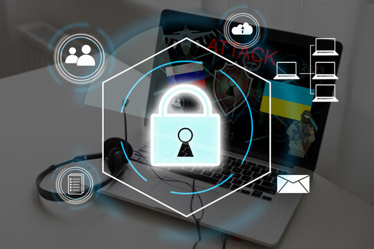 Technology concept with cyber security internet and networking, laptop, screen padlock icon on digital display. flag of Ukraine