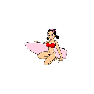 Seated Young woman in retro style. Girl with surfer board. Vector illustration, comic style, cartoon character, girlfriend