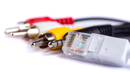 Electric plug of television and audio-video power supply on white backgrund