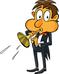 A male classical musician in a tailcoat plays the trumpet