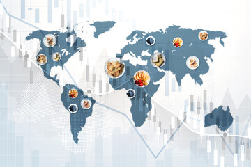 World food crisis, World map with food and income decline graphs, food crisis, sanctions, war between Russia and Ukraine
