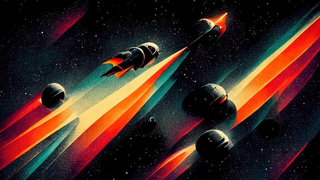 Retro futuristic, space wallpaper. 4K vintage background, colorful vintage abstract galaxy illustration. Colorful planets, spaceships flying through the galaxy. 