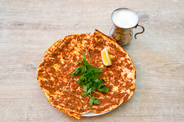 Turkish foods ; Turkish pizza -Lahmacun. Urfa  bol acili lahmacun. Kasarli lahmacun.