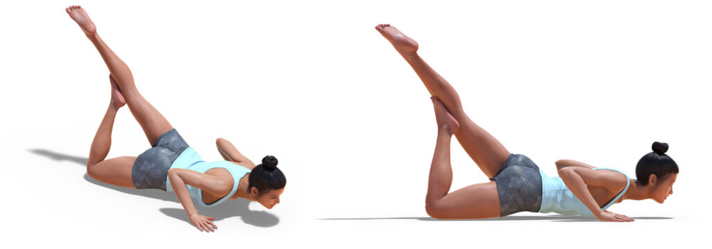 Front and Right Profile Poses of a virtual Woman in Yoga Flying Locust Pose on white