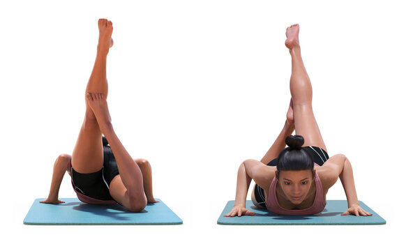 Front and Back Poses of a virtual Woman in Yoga Flying Locust Pose on a Mat on white