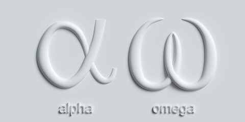 Alpha and Omega greek alphabet letters symbols. 3d illustration