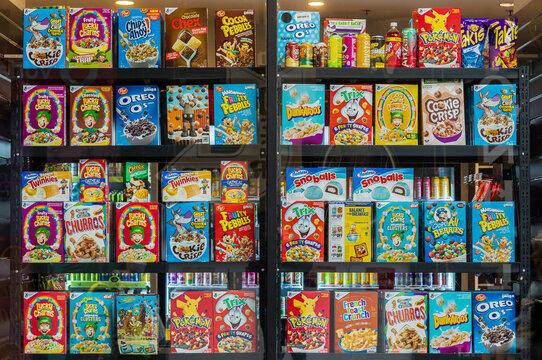 Melbourne, Victoria, Australia, July 9th 2022: Several rows of breakfast cereal boxes on display in a retail window