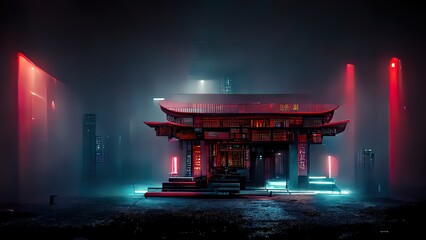 Cyberpunk temple, japanese abstract illustration, futuristic city, dystoptic artwork at night, 4k wallpaper. Rain moody empty future.