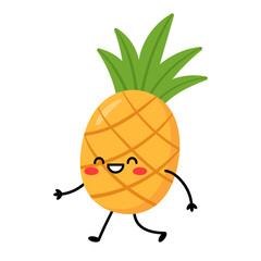 Pineapple goes or walks. Cartoon character pineapple with arms and legs, with different emotions. Vector illustration isolated on white background