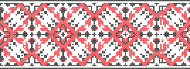 Ukrainian folk art vector seamless pattern, retro monochrome long cross-stitch ornament inpired by folk art - Vyshyvanka.