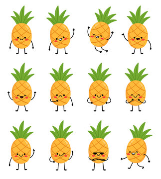 Big Set cute cartoon characters pineapples. Pineapple with arms and legs, with different emotions. Vector illustration isolated on white background