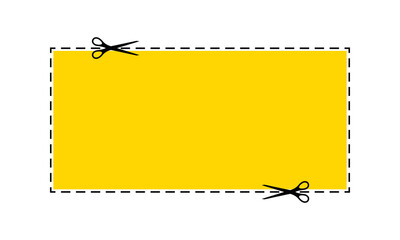 Scissors cut yellow rectangle coupon dotted line with dash icon.