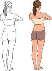 girl stands with her back, hands folded in a namaste pose. yoga. fictional character