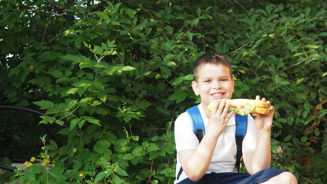 schoolboy teenager eating a sandwich in the garden or school dore during a howling break. school studies