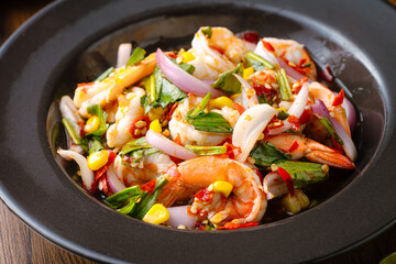 Spicy Shrimp Salad wood  background