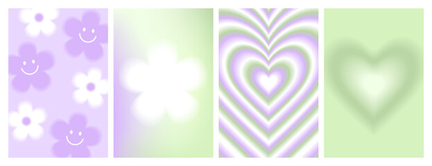 Y2k blurred gragient posters. Heart, daisy, flower, abstract geometric shape in trendy 90s, 00s psychedelic style. Holographic vector background. Lilac, green pastel colors.
