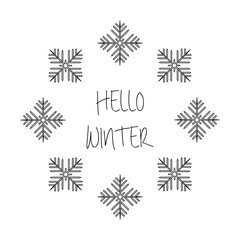 art winter frame with snowflakes and snow flake hello winter text