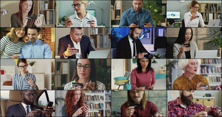 Multiscreen on diverse people buying goods online using gadgets. Business people. Men and women shopping online paying with credit card. Person making payment on internet on smartphone and laptop - Powered by Adobe