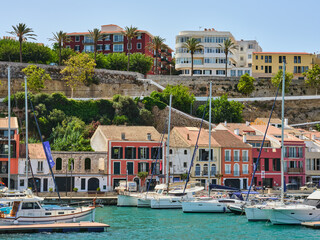 Architecture of houses on the coast of the port of Mahon (Mao) in Menorca, Spain