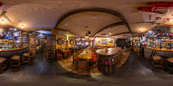 Full seamless spherical hdri panorama 360 degrees angle view in modern nightclub pub restaurant with dark loft design style in equirectangular projection. vr ar content