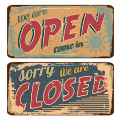 vintage shabby slightly rusty advertising banner. open closed.vector illustration