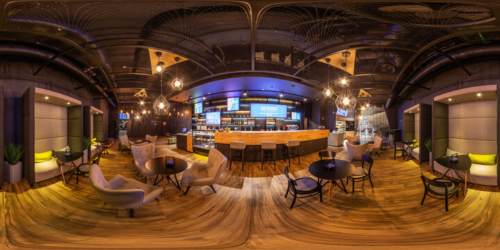Full spherical seamless hdri panorama 360 degrees in interior stylish vintage restaurant nightclub bar in equirectangular projection. AR VR content