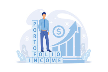 Money investing, financiers analyzing stock market profit. Portfolio income, capital gains income, royalties from investments concept.