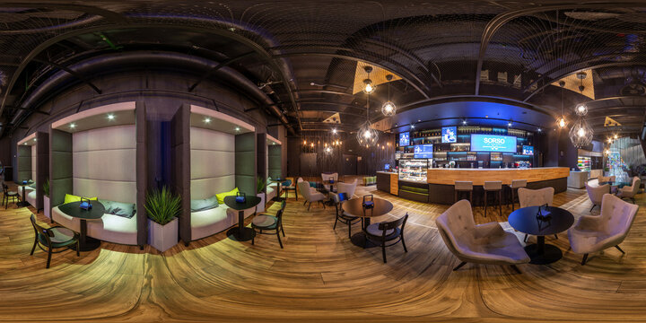 Spherical seamless hdr 360 panorama in interior of banquet hall with appliances in luxury restaurant with intimate lighting in equirectangular projection. Large restaurant with upholstered furniture