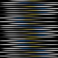 Abstraction of colored lines of blue, yellow, white light horizontal movement. Motion blur pattern on black background.