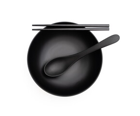 black bowl chopsticks and spoon on white