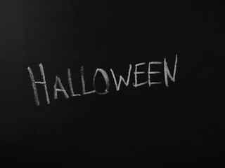 Halloween,hand chalked inscription on blackboard, copy space, themed poster