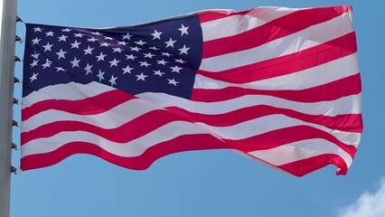 USA, flag is fluttering in the wind photo on the background of the sky, outdoors. National flag