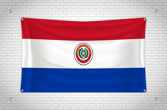 Paraguay flag hanging on brick wall. 3D drawing. Flag attached to the wall. Neatly drawing in groups on separate layers for easy editing.