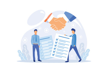 Business people sign contract concept. Characters checking agreement. Corporate document data protection, terms and conditions and privacy policy concept. - obrazy, fototapety, plakaty