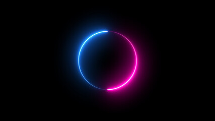 glowing loop neon animation. spin geometric rotation abstract element. light beam dynamic movement laser ring, round eclipse motion power balance space graphic blue and purple shape particle effect