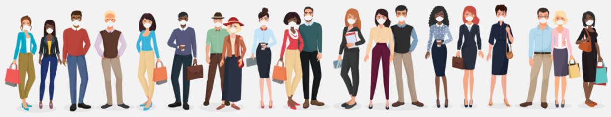 People in casual clothes wearing face masks to prevent disease. Coronavirus pandemic concept vector illustration