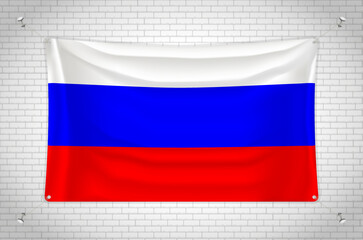 Russia flag hanging on brick wall. 3D drawing. Flag attached to the wall. Neatly drawing in groups on separate layers for easy editing.