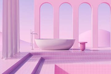 Fototapeta na wymiar Abstract exterior with bathtub, pink tall arch and stairs