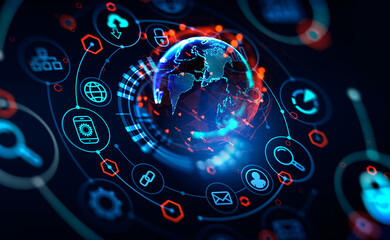 Earth sphere and digital hud with icons, metaverse and global connection