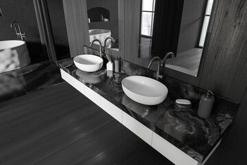 Top view of bathroom interior with sink and mirror, accessories on deck
