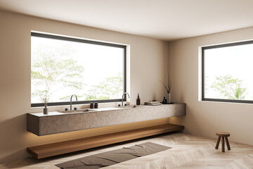 Naklejka na ściany i meble Modern bathroom interior with sink and panoramic window, accessories on deck