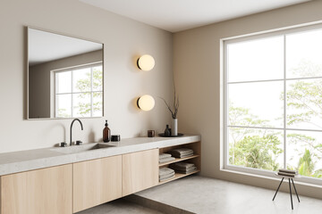 Fototapeta na wymiar Light bathroom interior with sink and panoramic window, accessories on dresser