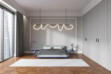 Light bedroom interior with bed and decoration, panoramic window