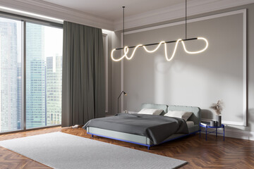 Modern bedroom interior with bed and panoramic window. Mockup wall