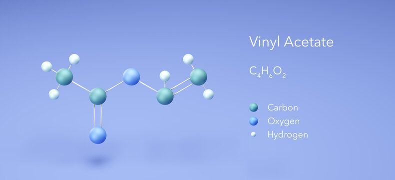 vinyl acetate. Molecular model, 3d rendering, Structural Chemical Formula and Atoms with Color Coding