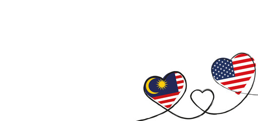 Drei Herzen mit der Fahne von den USA und Malaysia