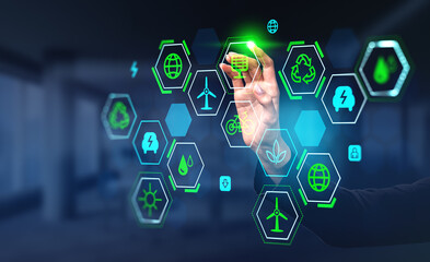 Woman finger touch green energy digital hud icons, technology and resources