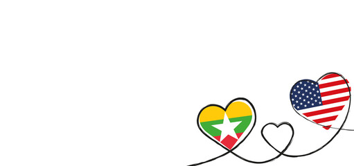 Drei Herzen mit der Fahne von den USA und Myanmar (Birma)